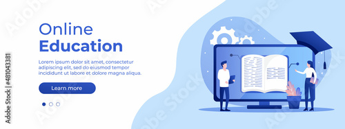 Online education concept. Vector layout for website page. Illustration in flat style with people studying remotely. Students learning online at home. Vector illustration EPS 10
