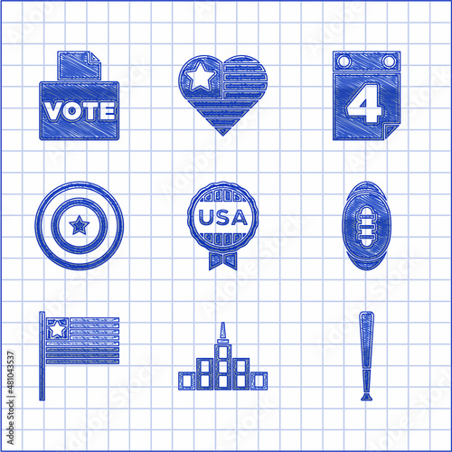 Set Medal with star, City landscape, Baseball bat, American Football, flag, shield, Calendar date July 4 and Vote box icon. Vector