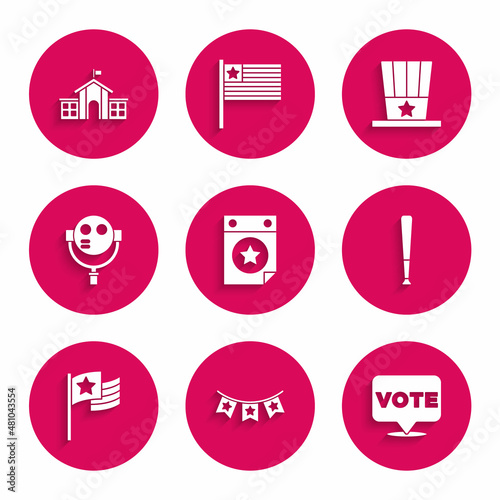 Set Calendar with date July 4, Carnival garland flags, Vote, Baseball bat, American, Tourist binoculars, Patriotic top hat and United States Capitol Congress icon. Vector
