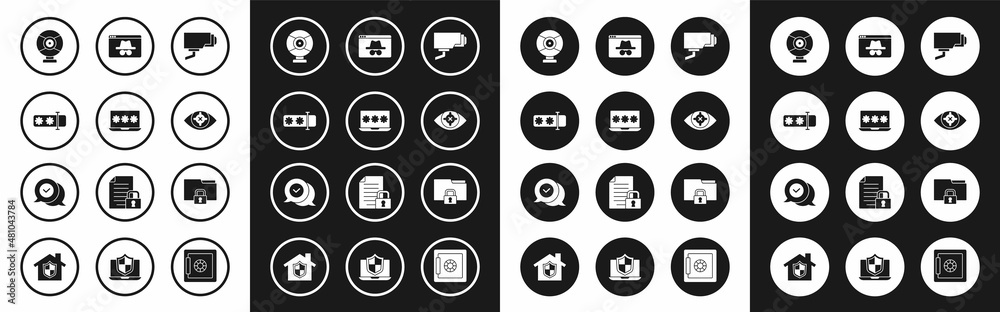 Set Security camera, Laptop with password, Password protection, Eye scan, Browser incognito window, Folder and lock and Check mark speech bubble icon. Vector Set Security camera, Laptop with password, Password protection, Eye scan, Browser incognito window, Folder and lock and Check mark speech bubble icon. Vector