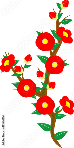 椿の花と葉と枝のイラストアイコン素材