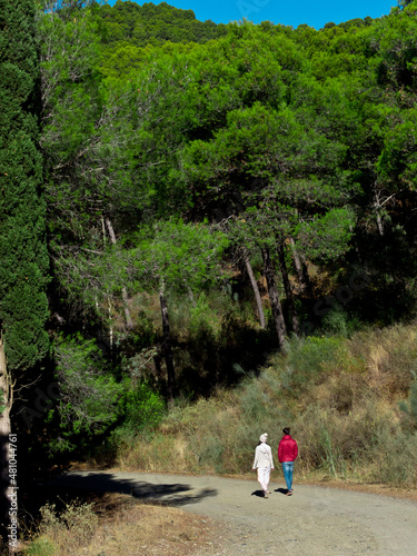 Young couple walking in the mountain