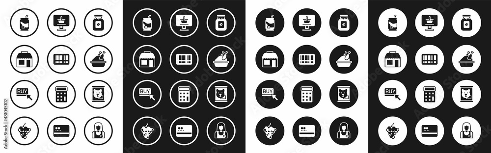 Set Coffee jar bottle, Barcode, Market store, Soda can, Roasted turkey chicken, Shopping cart on computer, Canned food and Buy button icon. Vector Set Coffee jar bottle, Barcode, Market store, Soda can, Roasted turkey chicken, Shopping cart on computer, Canned food and Buy button icon. Vector