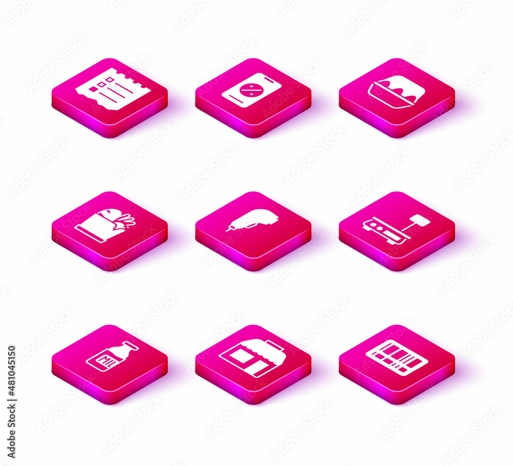 Set Bottle with milk, Market store, Shopping bag and food, Scanner scanning bar code, Barcode, Electronic scales, Chicken egg box and Percent discount mobile icon. Vector Set Bottle with milk, Market store, Shopping bag and food, Scanner scanning bar code, Barcode, Electronic scales, Chicken egg box and Percent discount mobile icon. Vector