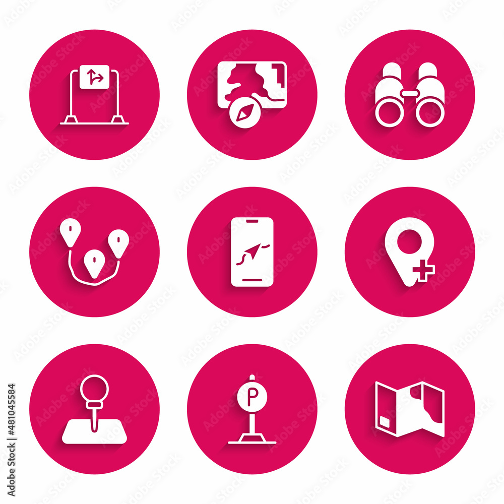 Set City map navigation, Parking, Folded, Location, Push pin, Route location, Binoculars and Road traffic sign icon. Vector Set City map navigation, Parking, Folded, Location, Push pin, Route location, Binoculars and Road traffic sign icon. Vector