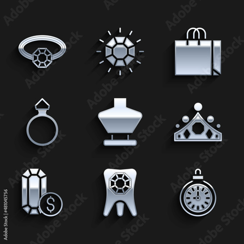 Set Necklace on mannequin, Tooth with diamond, Pocket watch, King crown, Jewelry online shopping, Diamond engagement ring, Shopping bag jewelry and icon. Vector