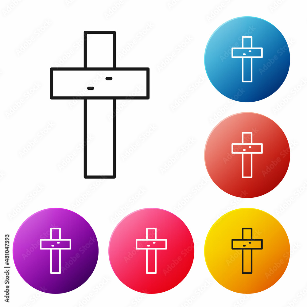 Black line Christian cross icon isolated on white background. Church cross. Set icons colorful circle buttons. Vector Black line Christian cross icon isolated on white background. Church cross. Set icons colorful circle buttons. Vector