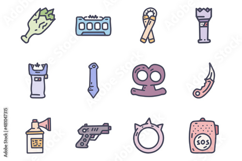 Self defense color vector doodle simple icon set