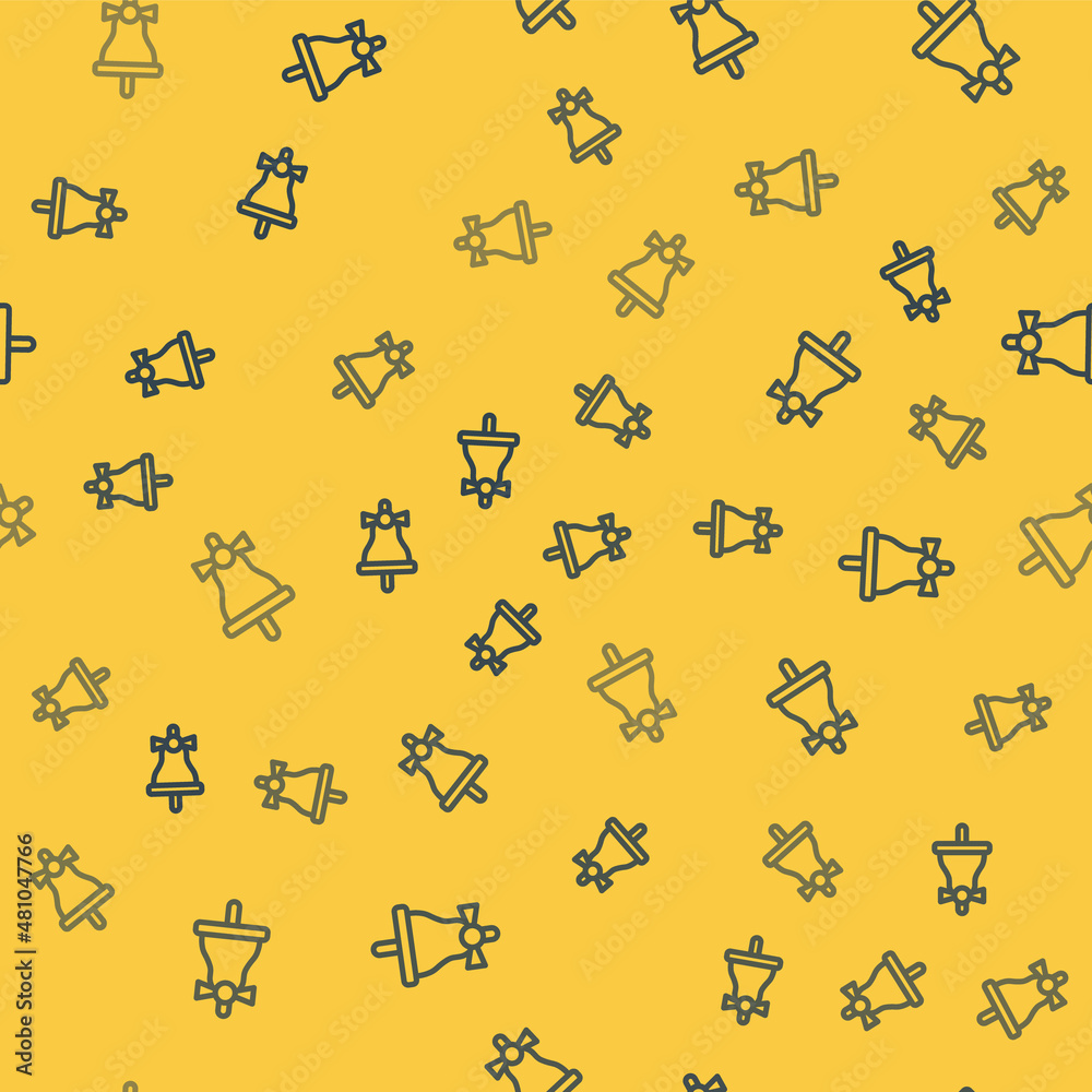 Fototapeta premium Blue line Merry Christmas ringing bell icon isolated seamless pattern on yellow background. Alarm symbol, service bell, handbell sign, notification. Vector