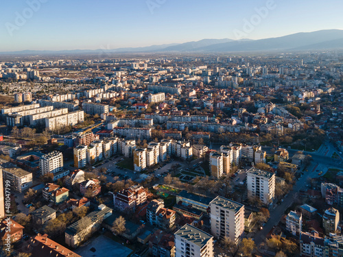 Aerial view of Maritsa river and panorama to City of Plovdiv  Bulgaria