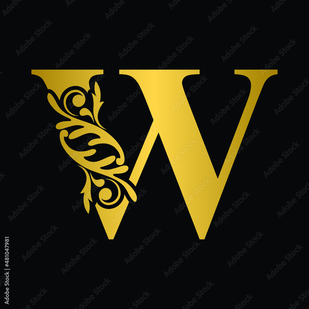 Golden letter W. Gold  flower  letters. Vintage ornament initial Alphabet. Logo vector 
