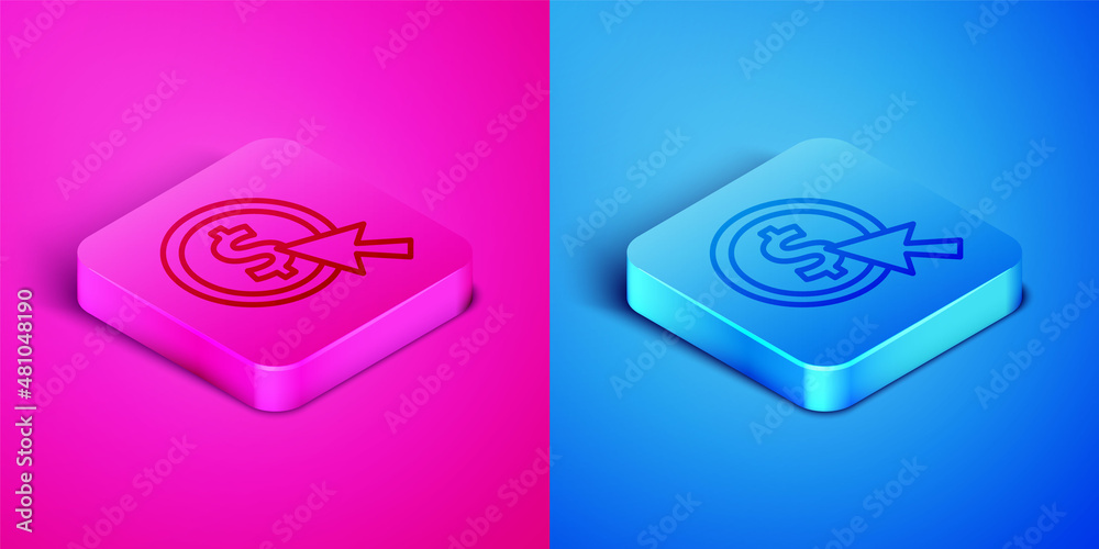 Isometric line Coin money with dollar symbol icon isolated on pink and blue background. Banking currency sign. Cash symbol. Square button. Vector Isometric line Coin money with dollar symbol icon isolated on pink and blue background. Banking currency sign. Cash symbol. Square button. Vector
