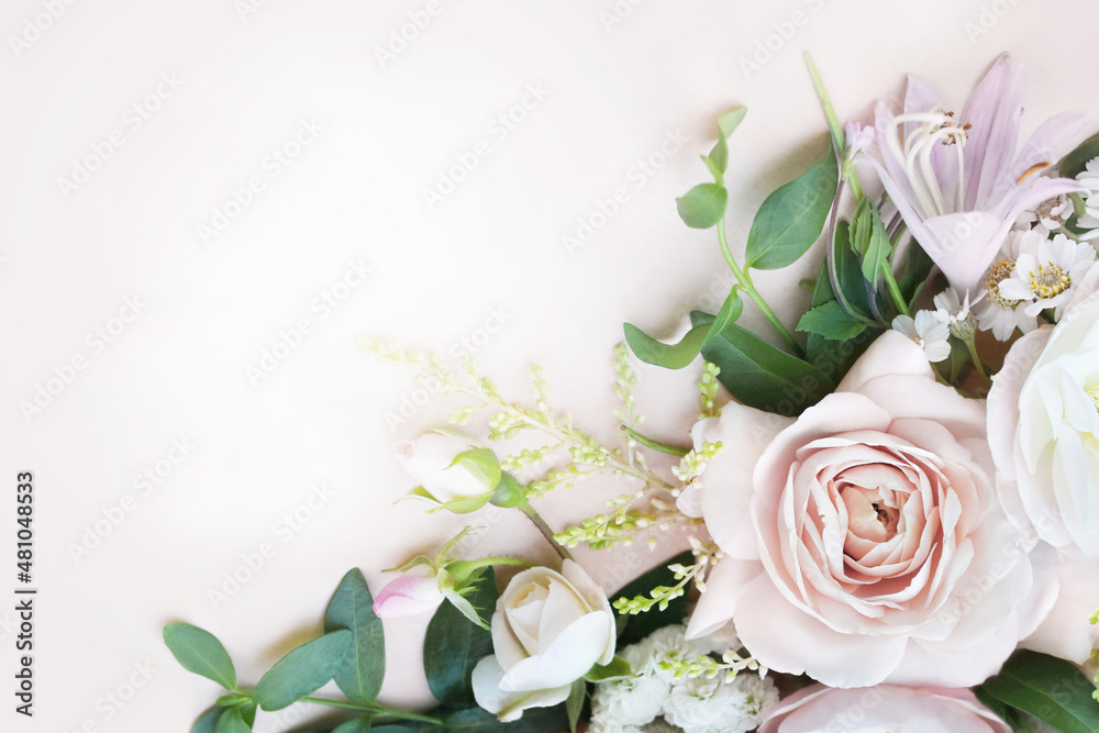 Delicate blooming festive white roses and light pink flowers with green leaves background, blossoming flower soft pastel frame, bouquet floral card, selective focus Delicate blooming festive white roses and light pink flowers with green leaves background, blossoming flower soft pastel frame, bouquet floral card, selective focus
