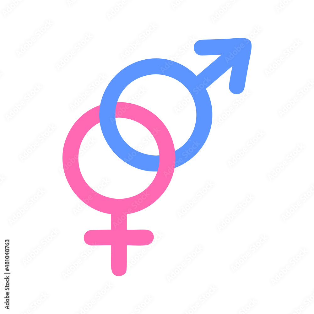 Coupled male and female gender signs. United Mars and Venus symbols. Love, relationship, marriage concept. Vector flat illustration. Coupled male and female gender signs. United Mars and Venus symbols. Love, relationship, marriage concept. Vector flat illustration.