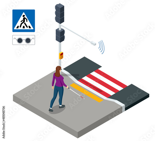 Isometric blind woman crossing street at crosswalk. Urban city crosswalk of disabilities