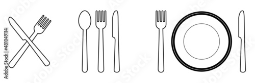 Fork, knife, spoon and plate line icons for apps and websites. Tableware set flat style. Dinner service collection vector set isolated on white background. Logotype menu.