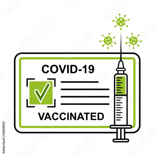 Covid-19 vaccine passport card or vaccination certificate, green pass line icon. Certification vaccinated. Medical paper document with coronavirus inoculation. Immunity corona virus protection. Vector
