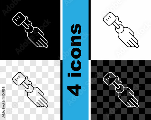 Set line Prosthesis hand icon isolated on black and white, transparent background. Futuristic concept of bionic arm, robotic mechanical hand. Vector