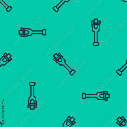 Blue line Prosthesis leg icon isolated seamless pattern on green background. Futuristic concept of bionic leg, robotic mechanical leg. Vector