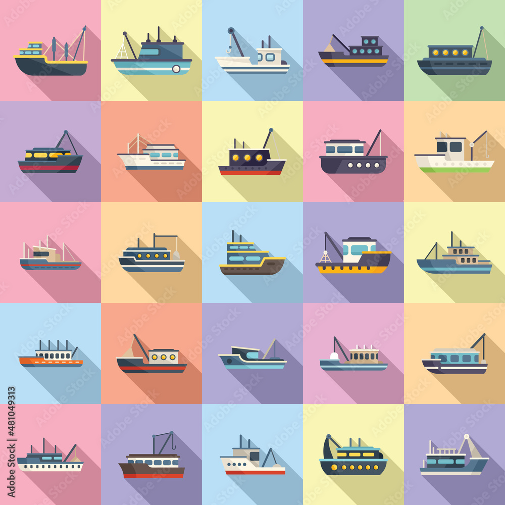 Fototapeta premium Fishing boat icons set flat vector. Cargo marine