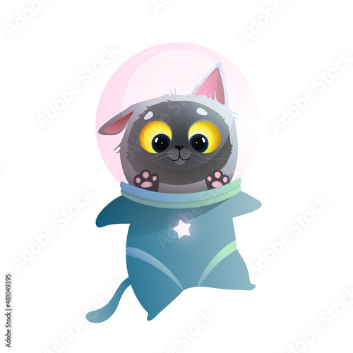 Space cat in watercolor style isolated on white background. Funny and cute cat astronaut, baby animal for kids in outer space, pet adventure design. Kitten in cosmonaut vector isolated clipart.