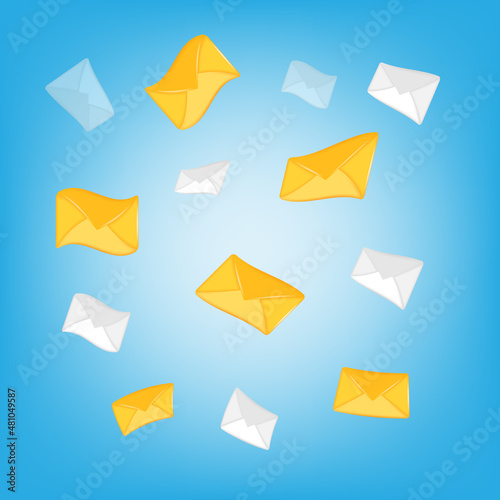 3D cartoon icon element design. flying email envelop letter in yellow and white color