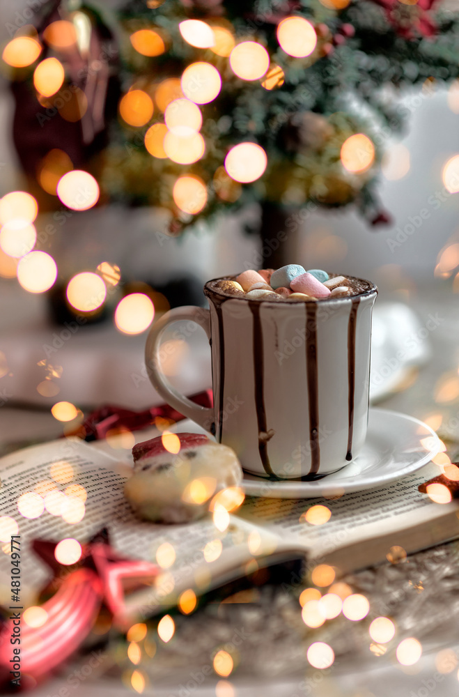Hot chocolate cocoa with marshmallows Winter Christmas concept