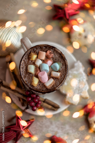 Delicious hot chocolate cocoa with marshmallows in a white mug