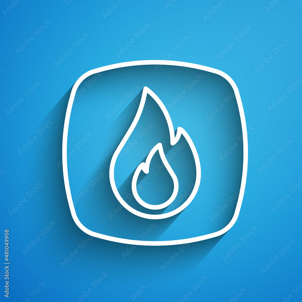 White line Fire flame icon isolated on blue background. Long shadow. Vector White line Fire flame icon isolated on blue background. Long shadow. Vector