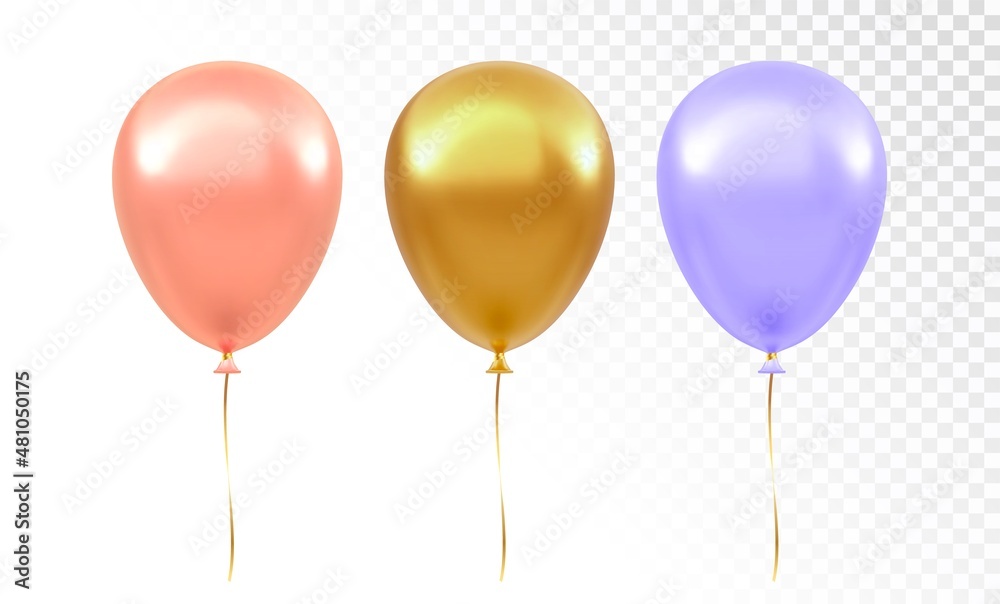 Balloon set isolated on transparent background. Realistic gold, pink, purple colorful festive 3d helium balloons template for anniversary, holiday, birthday party design. Vector illustration.