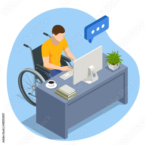 Isometric man in wheelchair working on laptop computer at home or office. Handicapped businessman character at workplace. Communication over the network. Health care