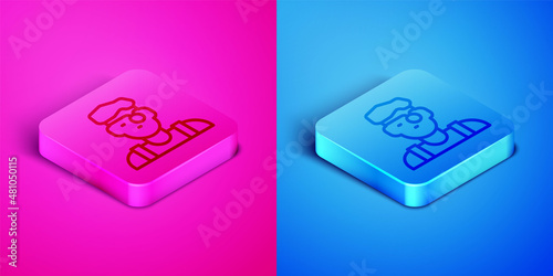 Isometric line Jeweler man icon isolated on pink and blue background. Square button. Vector