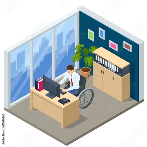 Isometric man in wheelchair working on laptop computer at office. Handicapped businessman character at workplace. Communication over the network. Health care.