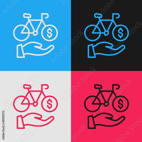 Pop art line Bicycle rental mobile app icon isolated on color background. Smart service for rent bicycles in the city. Mobile app for sharing system. Vector