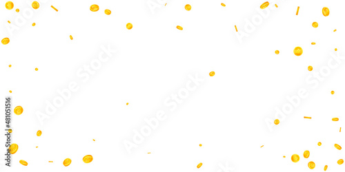 Bitcoin, internet currency coins falling. Lively scattered BTC coins. Cryptocurrency, digital money. Sublime jackpot, wealth or success concept. Vector illustration.