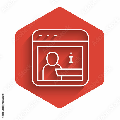 White line Information icon isolated with long shadow background. Red hexagon button. Vector