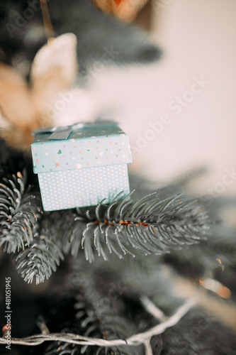 a gift in a blue box on the branches of a New Year's tree photo