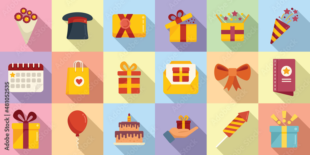 Surprise icons set flat vector. Gift box Surprise icons set flat vector. Gift box