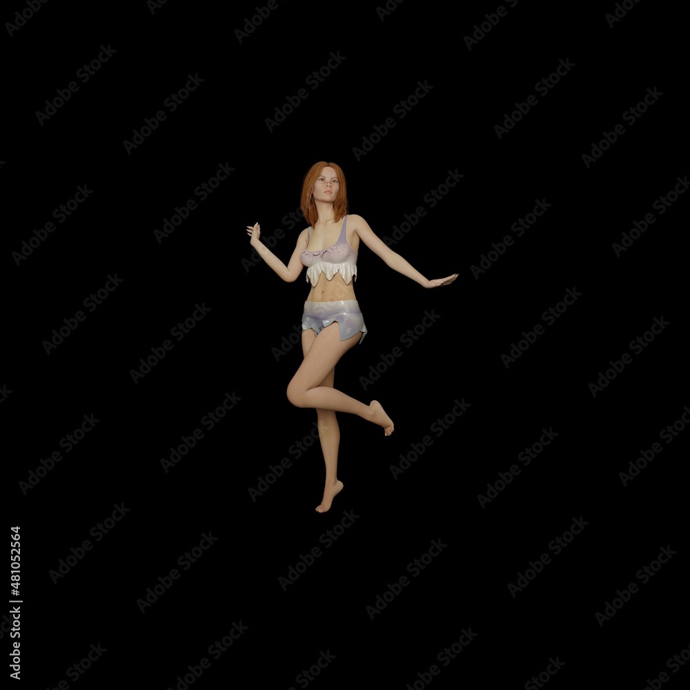 young beautiful female with a sports figure with hair poses dancing and poses and on a black background 3D illustration