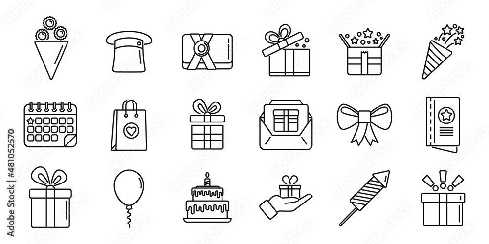 Surprise icons set outline vector. Gift box Surprise icons set outline vector. Gift box