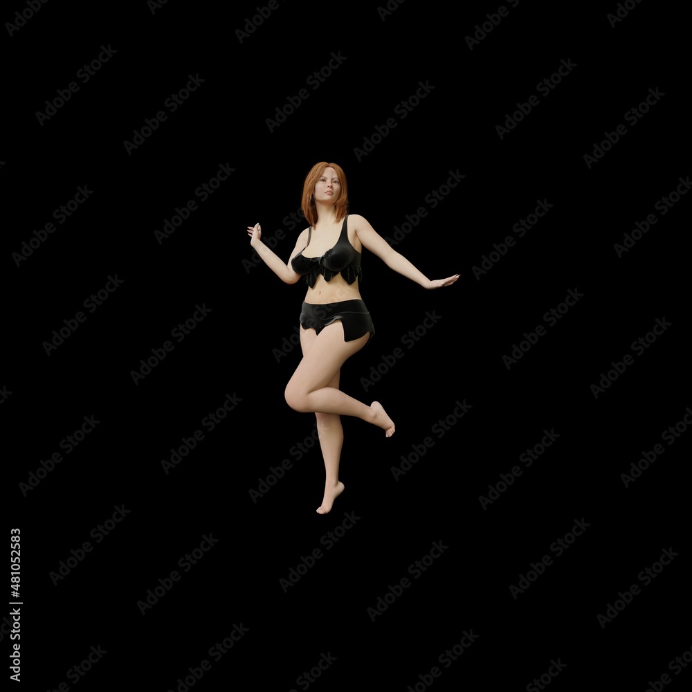 young beautiful female with a sports figure with hair poses dancing and poses and on a black background 3D illustration