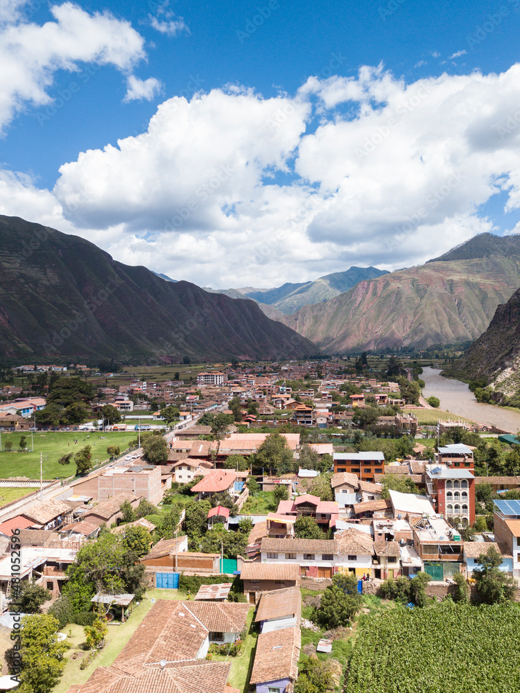 View of agriculture structure made by Inca culture in Yucay. Town in the Sacred Valley in the Peruvian Andes.