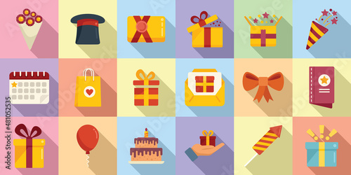 Surprise icons set flat vector. Gift box