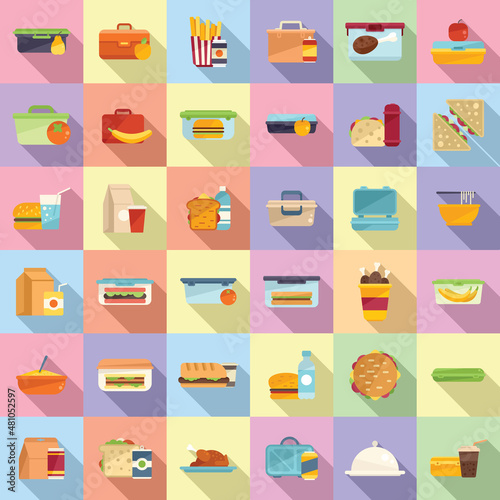 Lunch icons set flat vector. Food tray