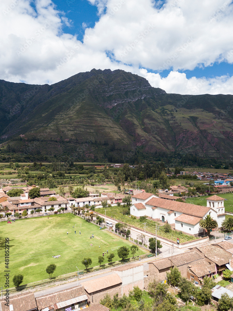 View of agriculture structure made by Inca culture in Yucay. Town in the Sacred Valley in the Peruvian Andes.