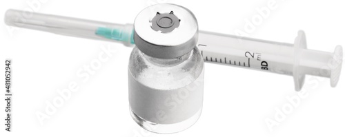 Fototapeta Naklejka Na Ścianę i Meble -  Vaccine bottle  Covid - 19 Corona virus Vaccine injection  and a medical syringe
