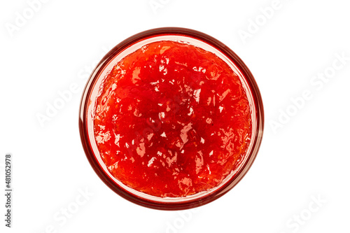 Top view Strawberries jam in glass bowl on white background.
