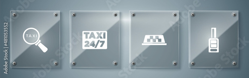 Set Car key with remote  Taxi car roof  Location taxi and Magnifying glass and. Square glass panels. Vector