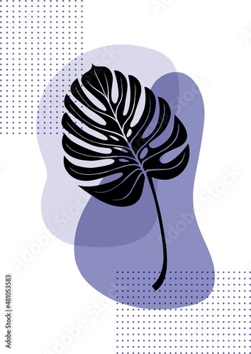 monstera leaf on an abstract lilac background, black and white with flowers