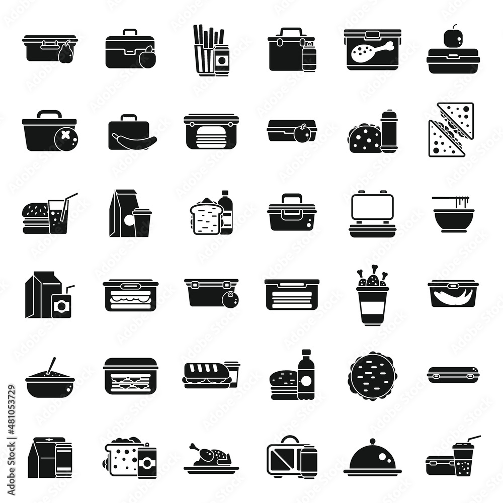Lunch icons set simple vector. Food tray Lunch icons set simple vector. Food tray